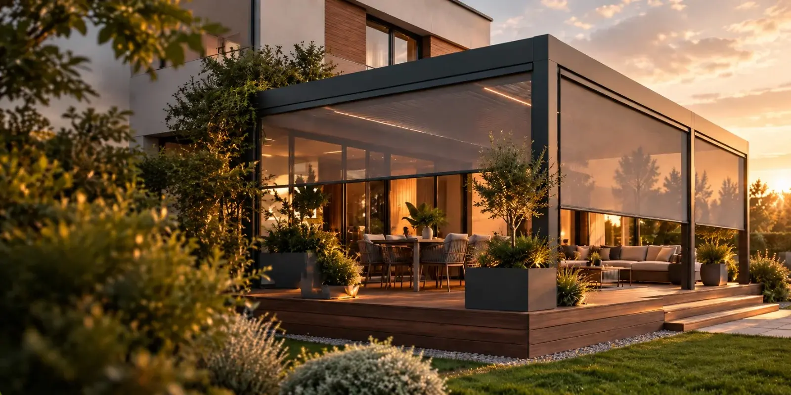 Hliníková pergola so screenovými roletami na terase moderného domu pri západe slnka